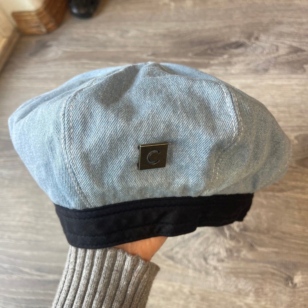 Denim Beret Hat with Bronze C Plaque Light Wash Medium Blue Contrast Stitch